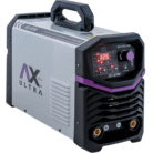 Vista de la Soldadora Inversora AXT-307MF TIG 300 Amp en color gris claro y detalles en negro y morado, con pantalla LCD