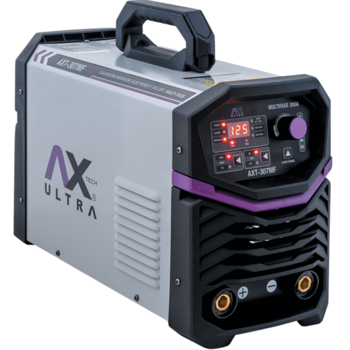 Vista de la Soldadora Inversora AXT-307MF TIG 300 Amp en color gris claro y detalles en negro y morado, con pantalla LCD