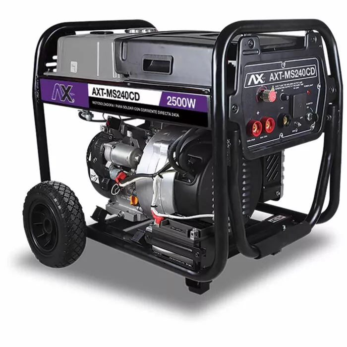 Motosoldadoras AXT-MS240CD de Gasolina cuenta con llantas y batería para facilitar trabajos de soldadura en exteriores. Motosoldadora AXT-MS240CD de Gasolina que encuentras a la venta en Solda Express
