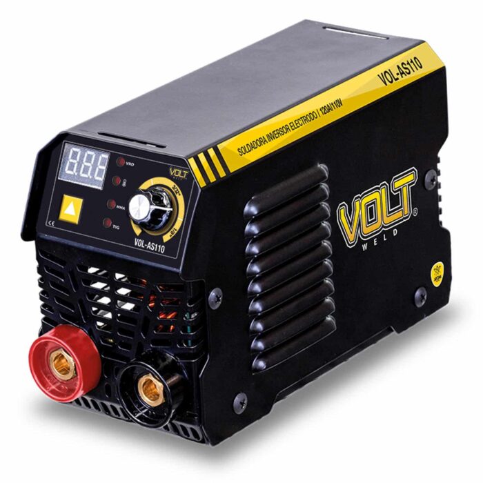 Imagen lateral de la Soldadora Inversora VOL-AS110 MMA/TIG 120 Amp en color negro y detalles en amarillo