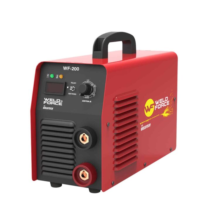 Vista de la Soldadora Inversora WF-200 de Weld Force TIG Lift 200 Amp con lados de color rojo y frente negro