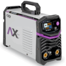 Vista lateral de la Soldadora AXT-207LCD Axtech TIG Lift 200 Amp con cuerpo en color gris claro y detalles morados, con pantalla LCD