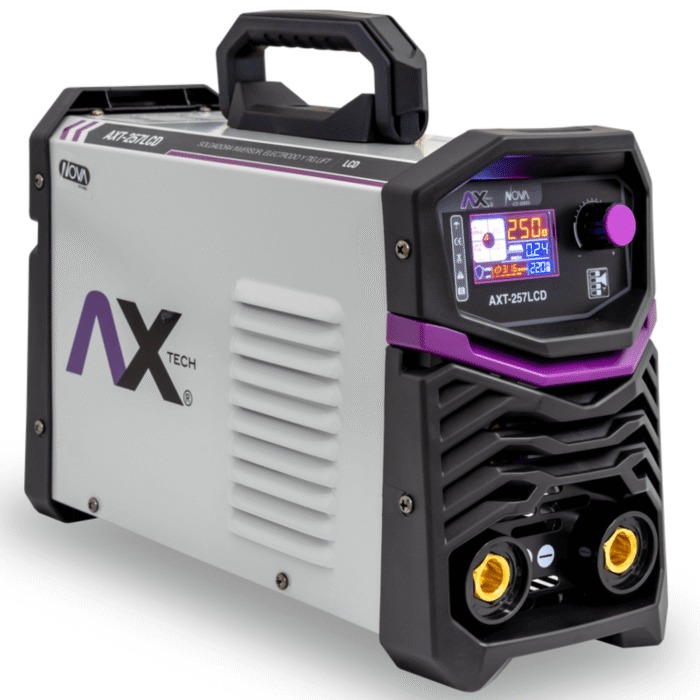 Imagen lateral de la Soldadora Inversora AXT-257LCD TIG Lift con lados en color gris claro y detalles morados, con pantalla LCD avanzada