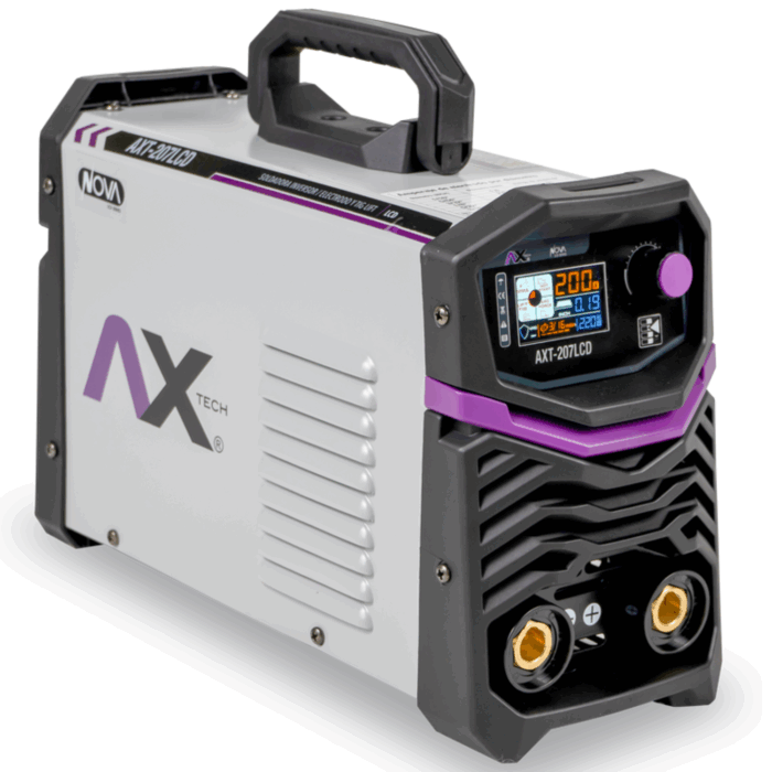 Vista lateral de la Soldadora AXT-207LCD Axtech TIG Lift 200 Amp con cuerpo en color gris claro y detalles morados, con pantalla LCD