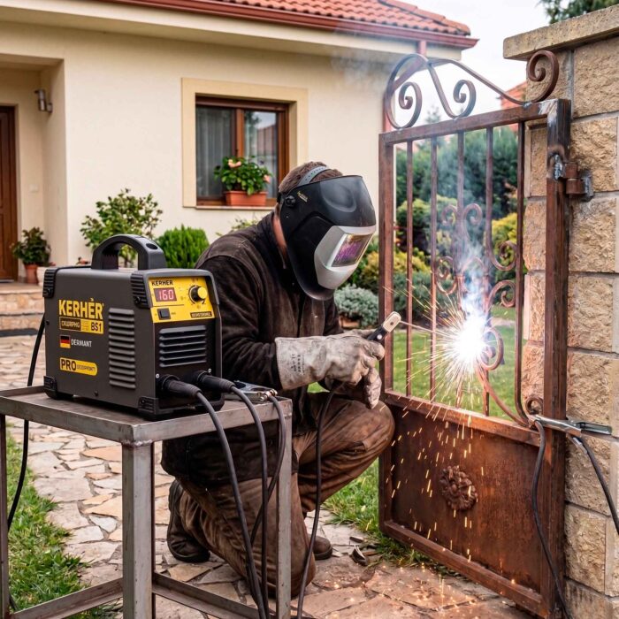Soldador soldando una puerta de metal con la soldadorsa KTI200PRO en una casa