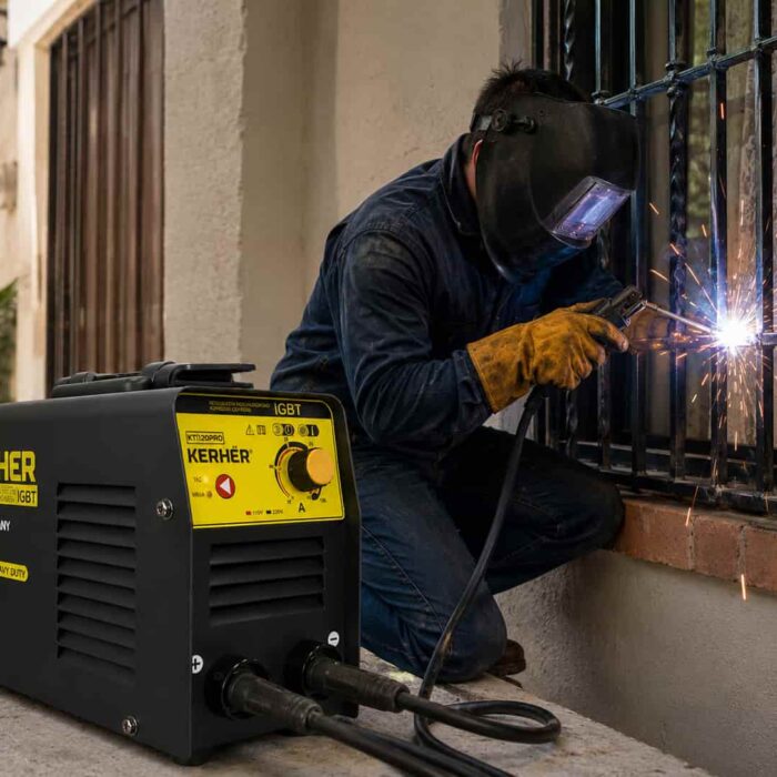 Soldador usa una máquina KTI120PRO para soldar en casa una ventana metálica