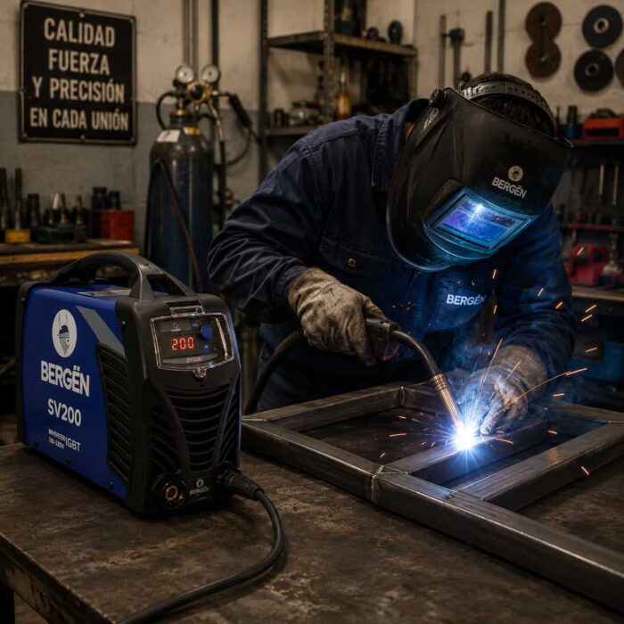 Soldador soldando estructura de metal en un taller de hereria