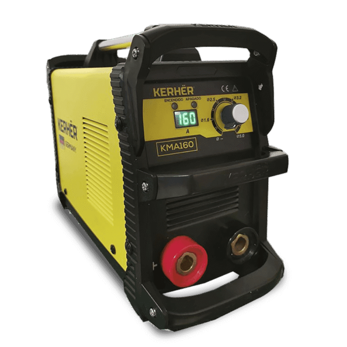 Vista frontal de la Soldadora Inversora Kerher KMA160 160 Amp en color amarillo y detalles negros