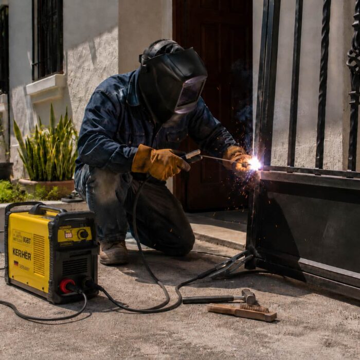 Soldador soldando una puerta con la soldadora KMA200PRO para electrodo