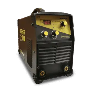 Imagen frontal de la soldadora inversora Kerher KMA300PRO en color negro y detalles en amarillo vibrante