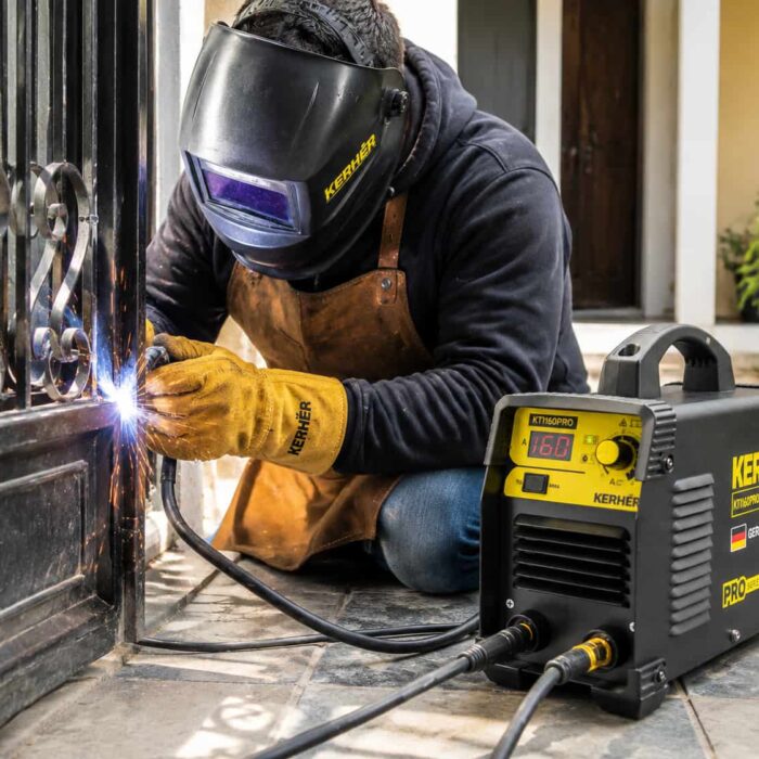 Hombre soldando una ventana con la soldadora KTI160PRO con equipo profesional.