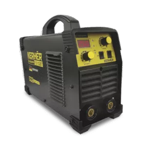 Vista semi lateral de la soldadora inversora KTI250PRO Kerher electrodo TIG 250 Amp en color negro y detalles amarillos