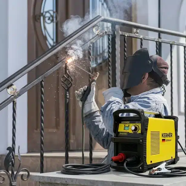Soldadora inversora Kerher KMA160 electrodo 160 amp Hombre soldando un barandal metálico afuera de una casa con la Soldadora Inversora KMA160 Kerher