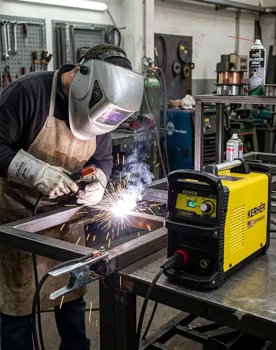 Soldadora inversora Kerher KMA160 electrodo 160 amp Hombre soldando con la Soldadora inversora Kerher KMA16 una estructura de metal en un taller