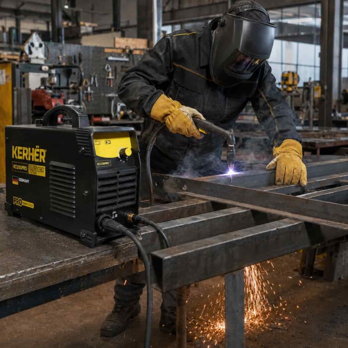 Hombre cortando una viga de metal en un taller con la cortadora de plasma KCU30PRO