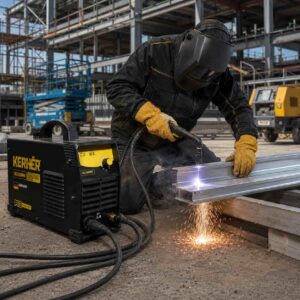 Hombre cortando metal con la cortadora KCU30PRO de Kerher en construcción.