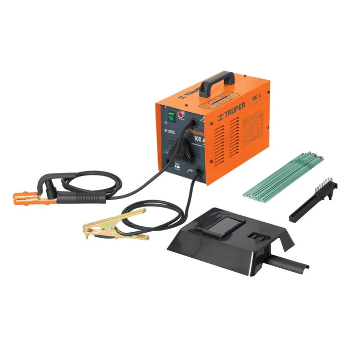Imagen de la Soldadora Truper arco eléctrico 90A para electrodos en color naranja junto a sus accesorios