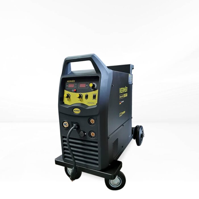 Fotografía de la Soldadora inversor Kerher KMI250PRO en color negro y detalles amarillos, con rueditas