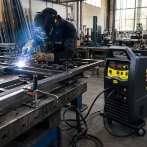 Soldador soldando acero inoxidable en taller industrial con la soldadora KMI250PRO