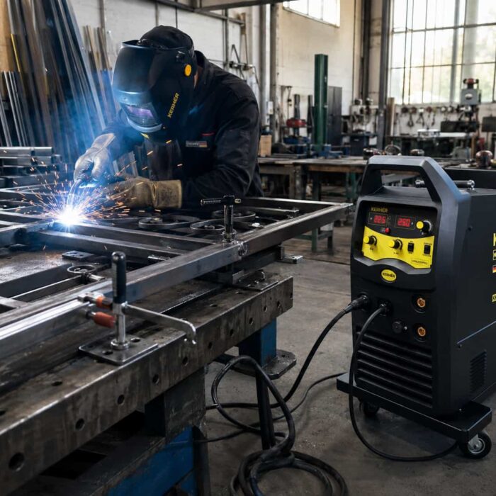 Soldador soldando acero inoxidable en taller industrial con la soldadora KMI250PRO