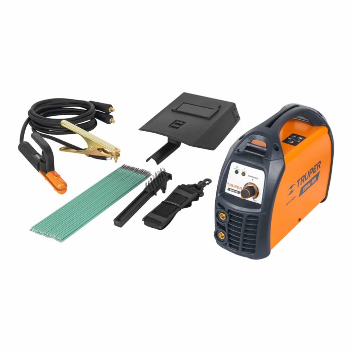Imagen de la Soldadora Truper SOIN-110 de color naranja y detalles en negro. Se observan también elementos, accesorios y consumibles incluidos