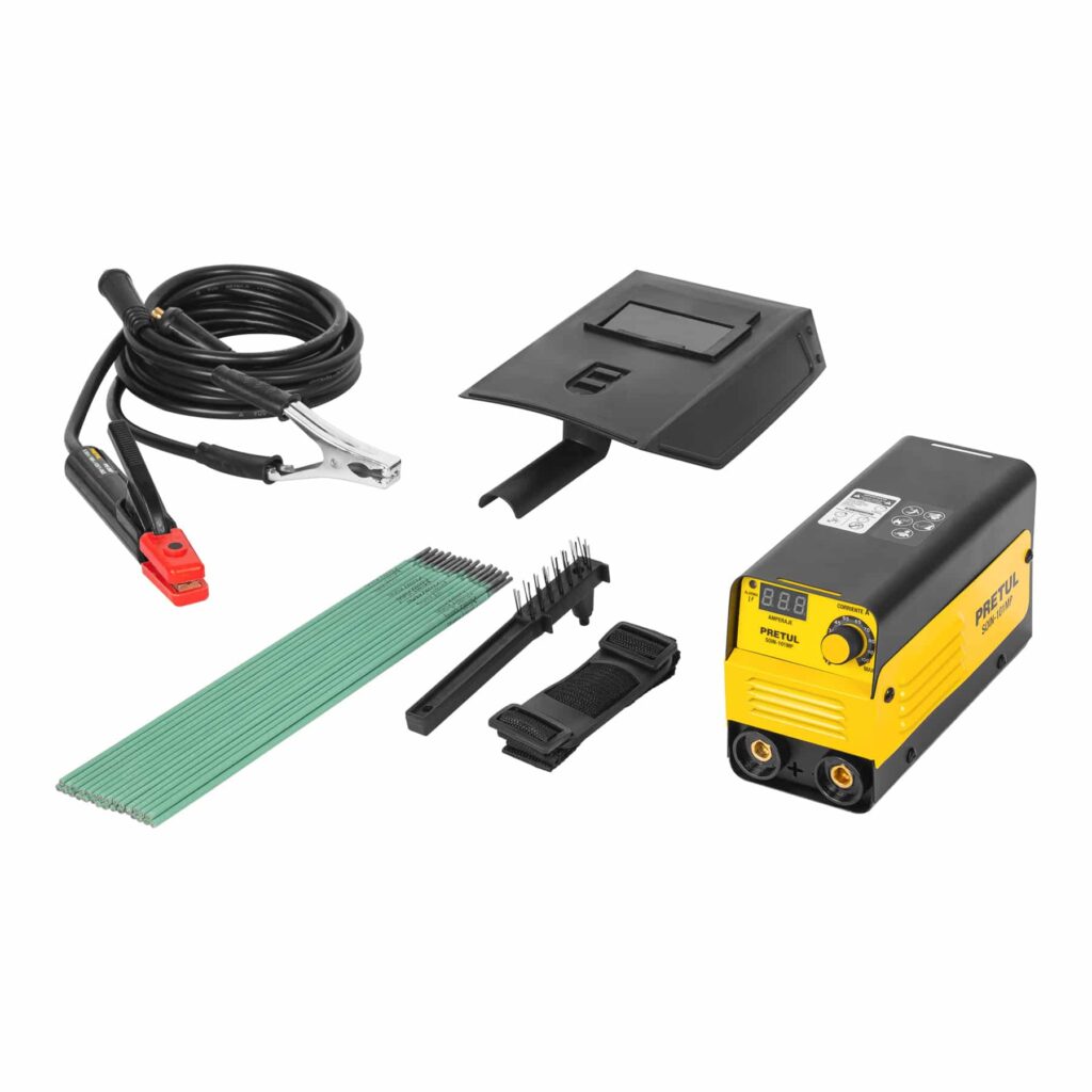Vista de la mini soldadora Pretul 100 A y de los accesorios que se incluyen