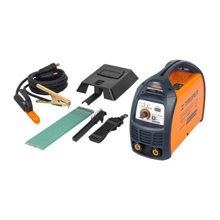 Imagen de la soldadora inversora Truper 160 amp – SOIN-120/160 en color naranja y detalles negros con sus accesorios