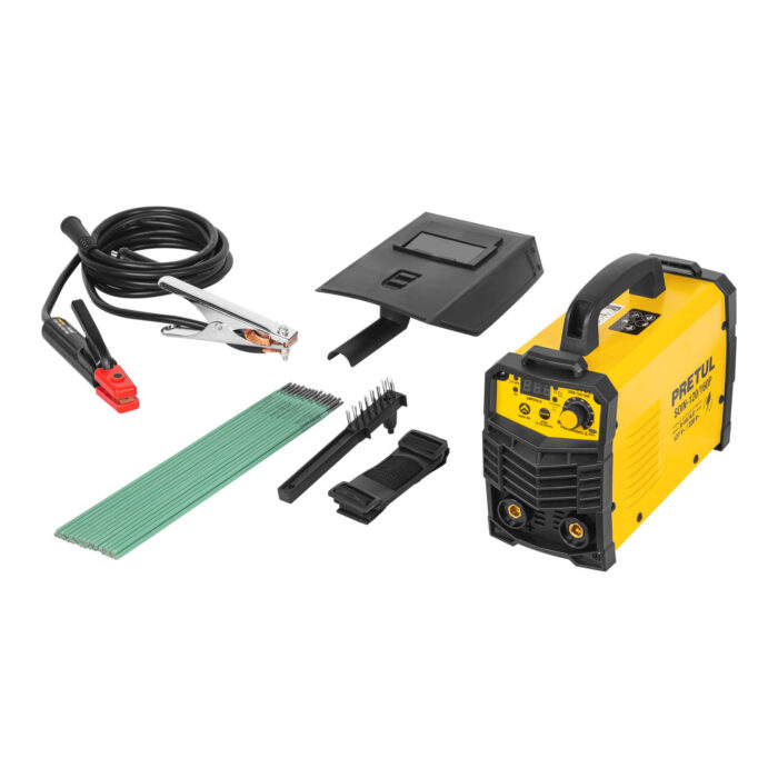 SOIN-120-160P Vista de la soldadora inversora Pretul 160 Amp y de los accesorios que se incluyen