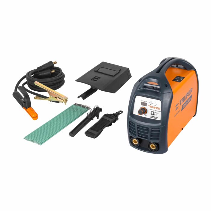 Imagen de la Soldadora inversora Truper 200 amp y de los accesorios que incluye