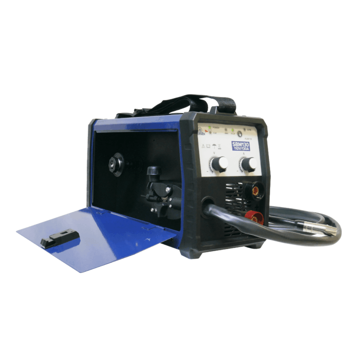 Soldadora Inversora Bergen SBM130 con tapa lateral azul abierta
