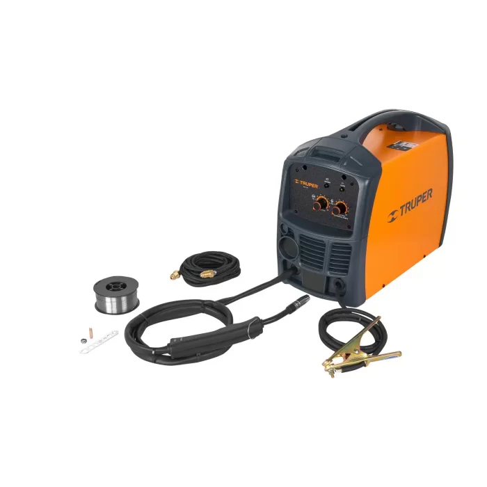 Imagen de la Soldadora Microalambre Truper SOMI-140T que es de color naranja y el frente negro. Se observan también elementos, accesorios y consumibles incluidos