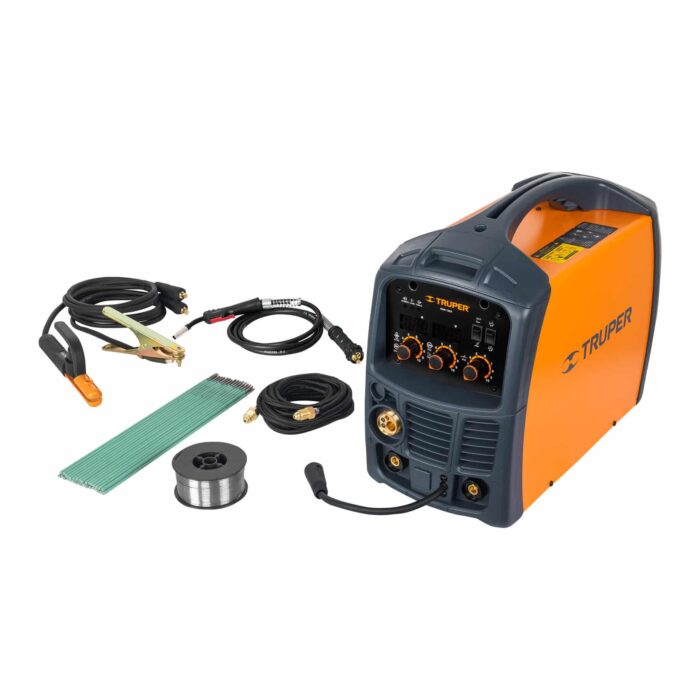 Imagen de la Soldadora Microalambre Truper SOMI-130X que es de color naranja y el frente negro. Se observan también elementos, accesorios y consumibles incluidos