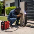 Soldador trabajando en una cerca de casa con la Soldadora inversora Mega Force 175 amp de Lincol Electric