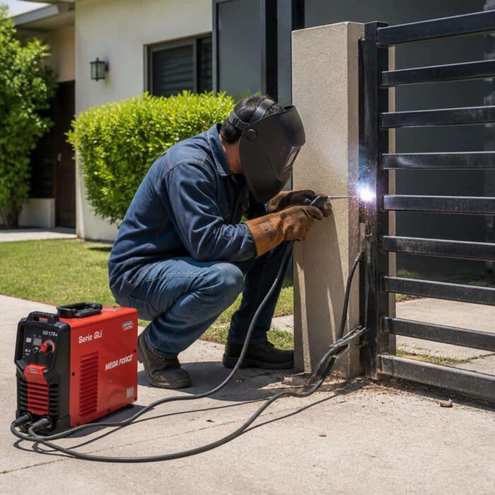 Soldador trabajando en una cerca de casa con la Soldadora inversora Mega Force 175 amp de Lincol Electric