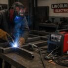 Soldador soldando una viga de aluminio con la máquina de soldar Easy MIG140 de Lincoln Electric