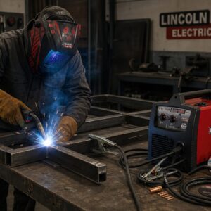 Soldador soldando una viga de aluminio con la máquina de soldar Easy MIG140 de Lincoln Electric