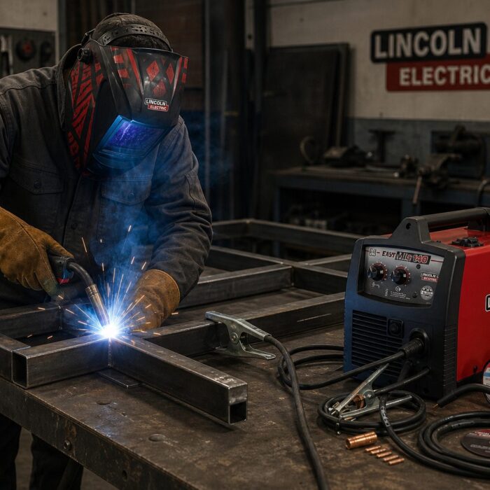 Soldador soldando una viga de aluminio con la máquina de soldar Easy MIG140 de Lincoln Electric