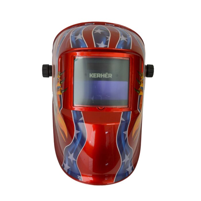 Careta electrónica Kerher KCS20 diseño moderno rojo con franjas azules y estrellas color plata para protección ante soldadoras Kerher. Careta electrónica para soldadoras Kerher diseño moderno y masculino rojo con azul y estrellas terminado brillante.