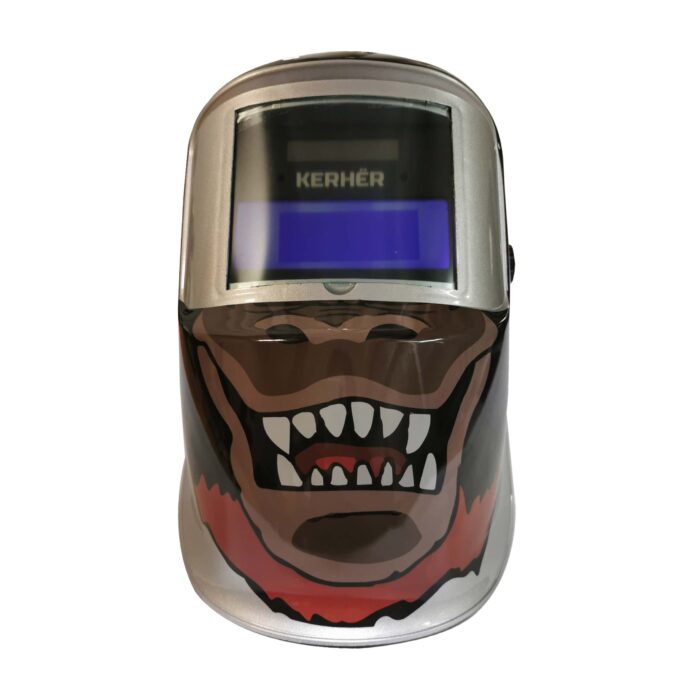 Careta electrónica para soldar con diseño moderno de boca y dientes de simio para uso con soldadoras Kerher.