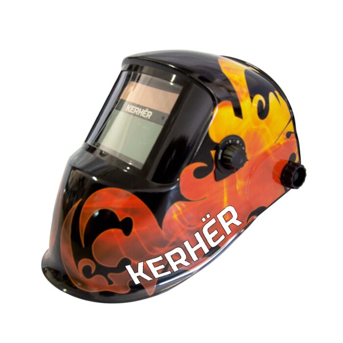 Careta electrónica para soldadoras Kerher negra con detalles de llamas en color rojo y amarillo.