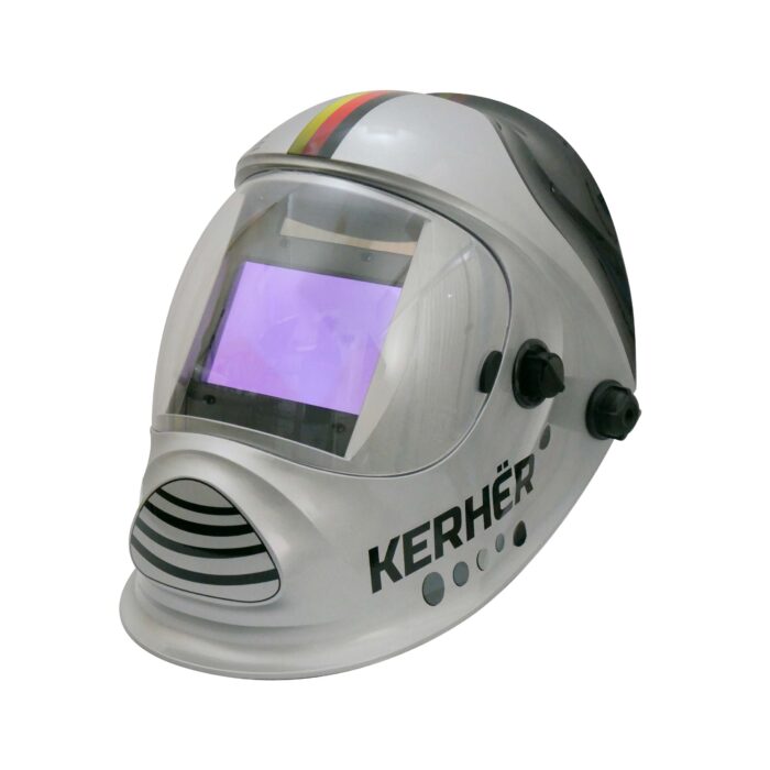 Careta electrónica para uso con soldadoras Kerher con respirador en color gris claro y líneas en la frente.