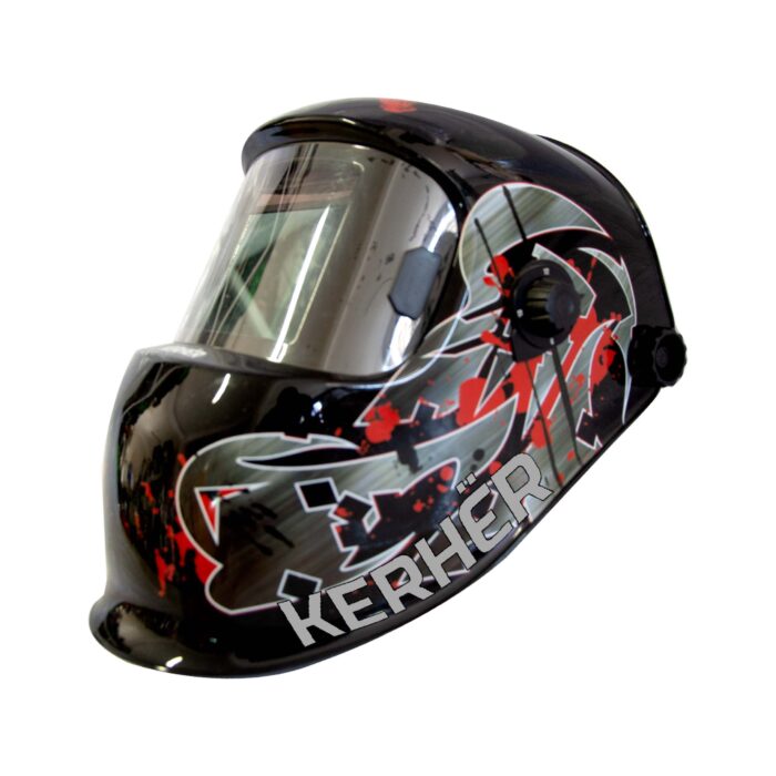 Careta electrónica para soldar diseño de fondo negro con detalles y líneas gris plata y manchas rojas para uso con soldadoras Kerher.
