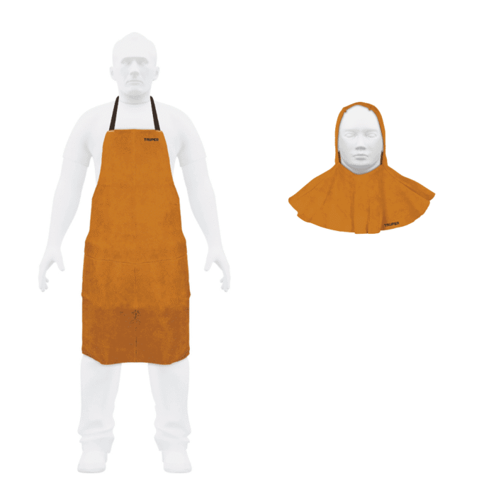 Visión de dos maniquies mostrando cómo se usa la Capucha y Peto para soldar Truper, kit de ptroección 2 en 1.