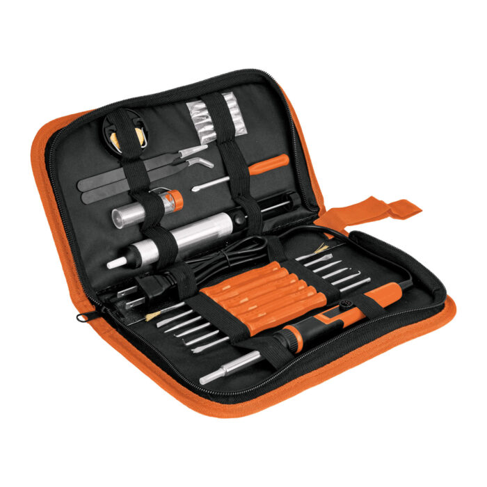Imagen que muestra el Kit soldadura electronica con cautin regulable que muestra todos sus contenidos.