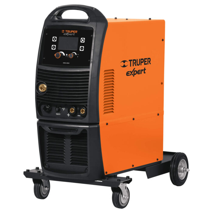 Soldadora Truper SOMU-250X en lateral con cuerpo color naraj ja y frente en negro, incluye rueditas para fácil transporte