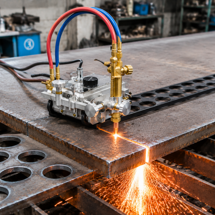Máquina de oxicorte cortando metal con chispas.