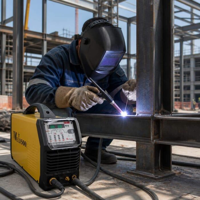 Soldador trabajando con la soldadora TT200-SP Weld500 en una obre