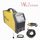 Vista semi lateral de la máquina para soldar TT200-SP para TIG Arco pulsado marca Weld500 en color amarillo