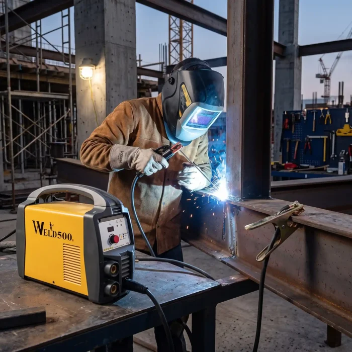 Máquina inversora para soldar ER200 PLUS-VD Hombre soldando en una construcción con la Máquina inversora para soldar ER200 PLUS-VD