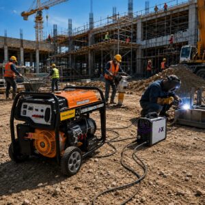 Construcción con generador TKAGS10000E TONKA y soldadora y martillo demoledor en acción